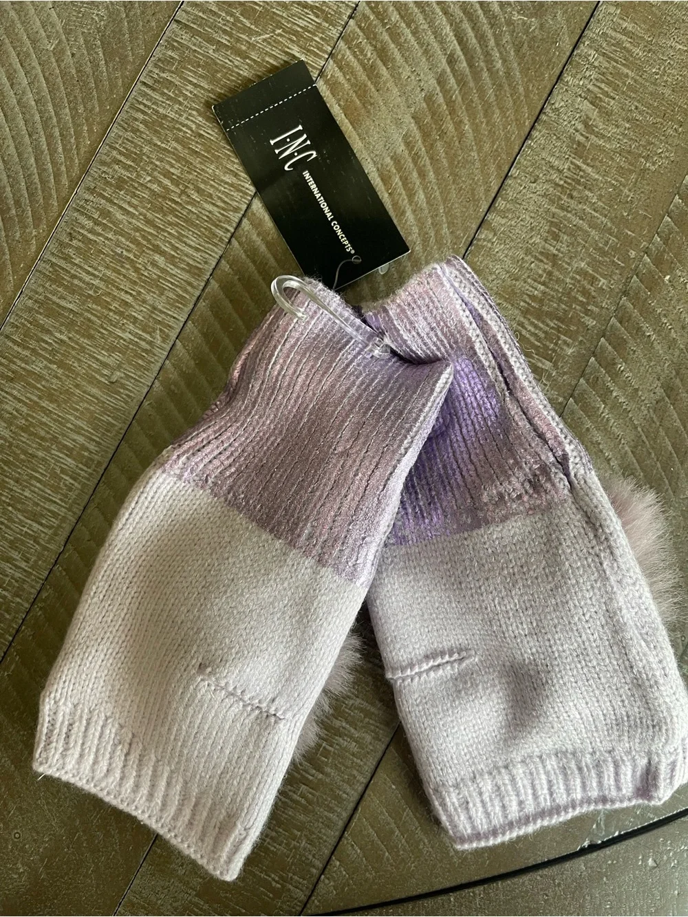 INC International Concepts Lavender Knit Wrist Warmers with Faux Fur Pom